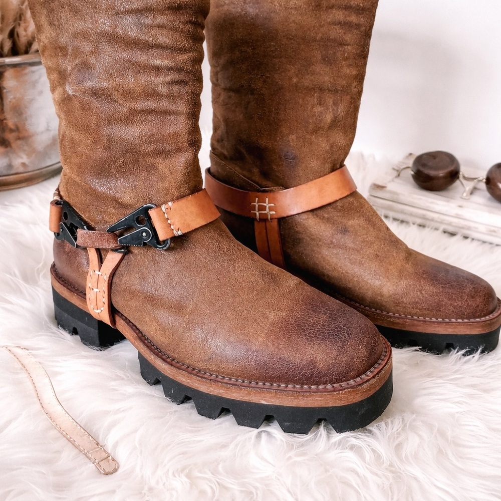 Free People We The Free Reya Boots Brown Harness Style Size 39 Chunky Sole